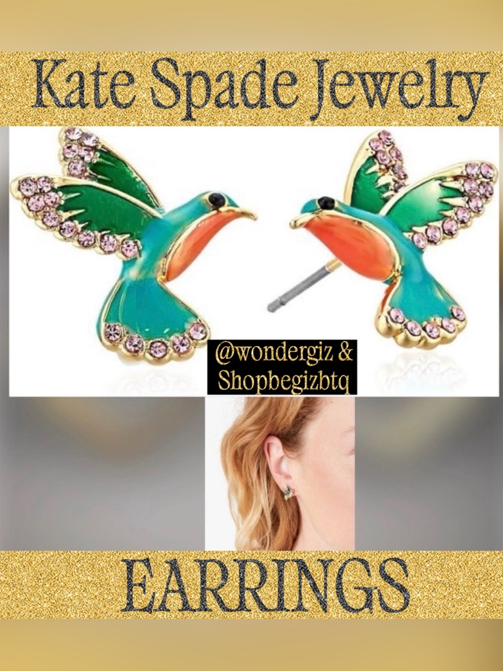 Kate Spade Authentic"Hum A Little Tune" Green & Orange Hummingbird Earrings